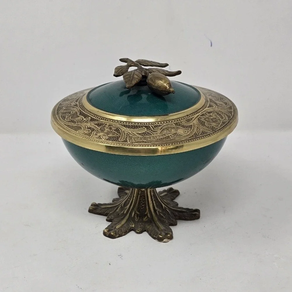 Vtg Sabra enamel brass candy pedestal trinket lidded box Israel brutalist